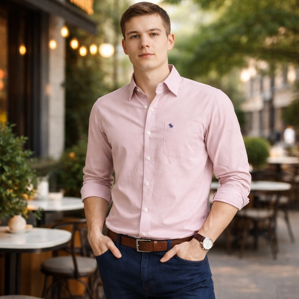 ABERCROMBIE‎ & FITCH Pink Pinstripe Muscle Fit Button Down Shirt Preppy Men M